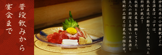 神奈川県の小田原駅すぐの居酒屋ぽっぷすは、熊本直送の新鮮な馬肉を使った料理が絶品！板前と魚屋を経験してきた、主人の料理と美味い日本酒と焼酎の品揃えは最高の組合せ。